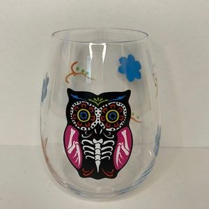 Stemless wine glass handpainted day of the dead owl flower print